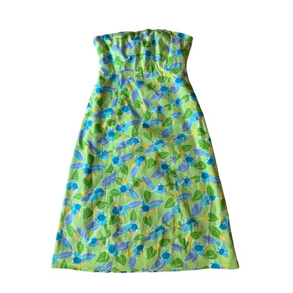 Vintage Lilly Pulitzer | Green + Blue Two Jays Print Strapless Dress | Size 4 - Picture 1 of 7